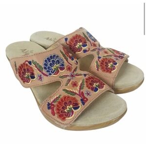 New Alegria LIN-647N Embroidered Leather Wedge Slip Pink Floral Slide Sandal-40